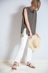 異素材切替ノースリプルオーバー