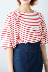 ボーダーボリュームスリーブトップス
