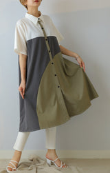 配色アシメ切替シャツワンピース