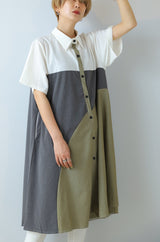 配色アシメ切替シャツワンピース