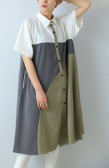 配色アシメ切替シャツワンピース