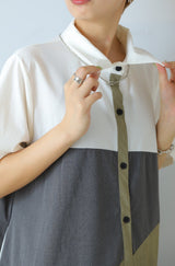 配色アシメ切替シャツワンピース