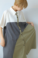 配色アシメ切替シャツワンピース