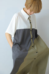 配色アシメ切替シャツワンピース