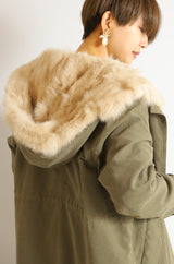 ラビットファーフードライナー付きロングモッズコート