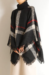 タートルネック大判チェック柄ポンチョ