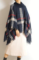 タートルネック大判チェック柄ポンチョ