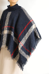 タートルネック大判チェック柄ポンチョ