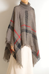 タートルネック大判チェック柄ポンチョ