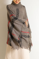 タートルネック大判チェック柄ポンチョ