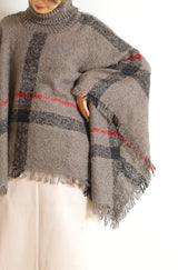 タートルネック大判チェック柄ポンチョ