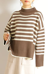 ボーダーハイネックニットプルオーバー