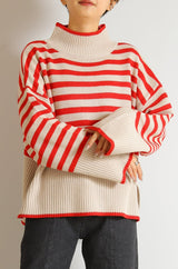 ボーダーハイネックニットプルオーバー