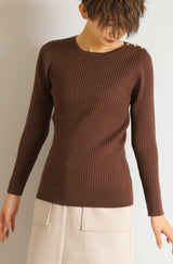 ヒートラウンドネック肩釦リブニットプルオーバー