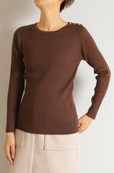 ヒートラウンドネック肩釦リブニットプルオーバー