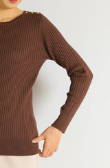 ヒートラウンドネック肩釦リブニットプルオーバー