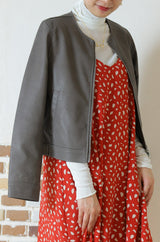 合皮ノーカラーライダースジャケット