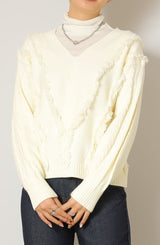 Vネックフリンジニットトップス