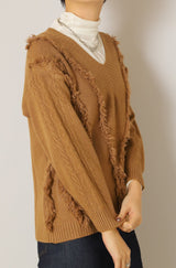 Vネックフリンジニットトップス