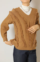 Vネックフリンジニットトップス