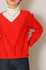 Vネックフリンジニットトップス