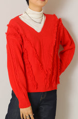 Vネックフリンジニットトップス