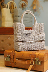 雑材デザイン編みスクエアトートバック