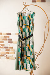 ベルト付き柄プリーツワンピース