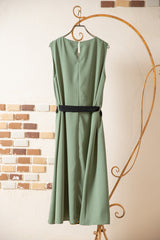 ベルト付き柄プリーツワンピース