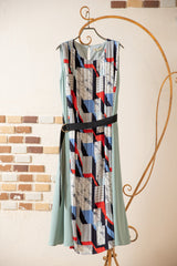 ベルト付き柄プリーツワンピース