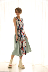 ベルト付き柄プリーツワンピース