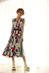 ベルト付き柄プリーツワンピース