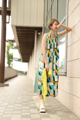 ベルト付き柄プリーツワンピース