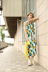 ベルト付き柄プリーツワンピース