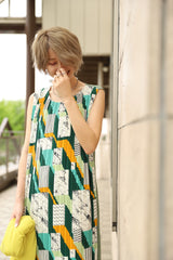 ベルト付き柄プリーツワンピース