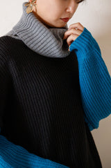 オフタートルバイカラーニットプルオーバー