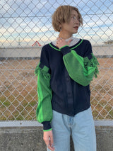 フリンジショルダージャガードスリーブカーディガン