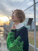 フリンジショルダージャガードスリーブカーディガン