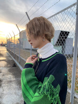 フリンジショルダージャガードスリーブカーディガン